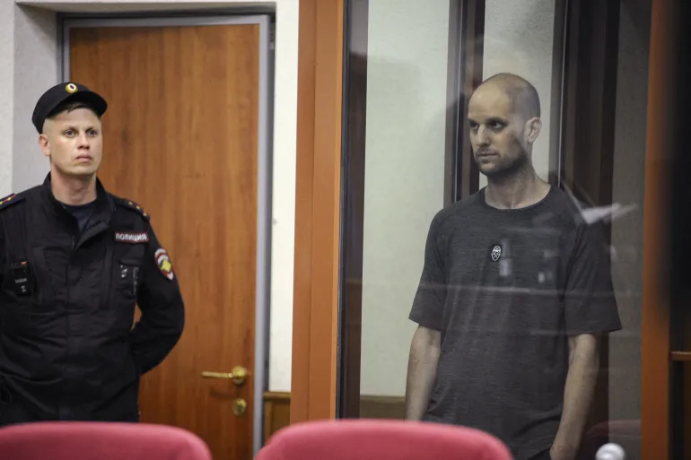 Wall Street Journal correspondent Evan Gershkovich attends the court hearing on July 19, 2024, in Yekaterinburg, Russia, at which he was convicted of espionage [Dmitry Chasovitin/Reuters]